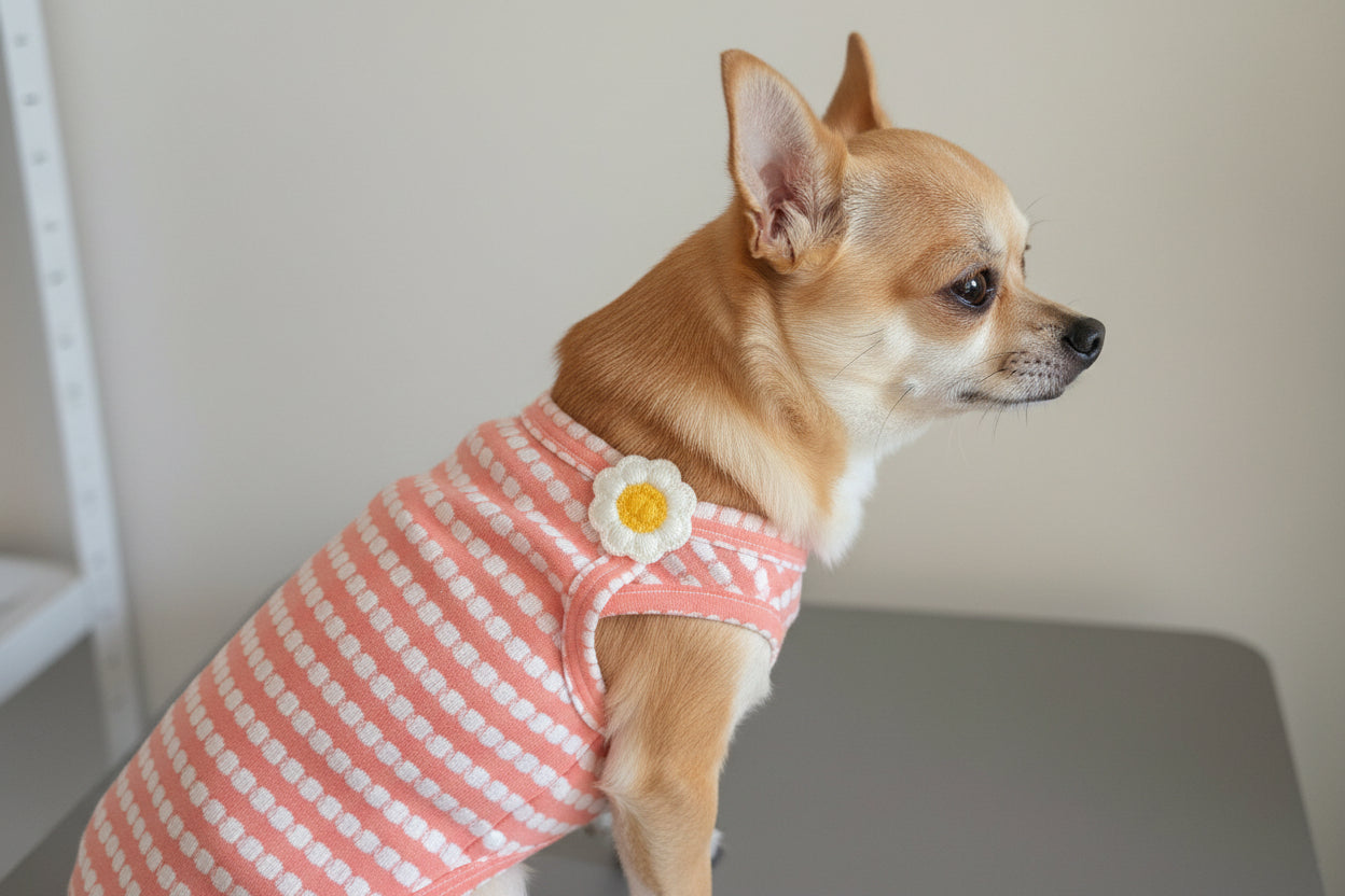 Hunde-T-Shirt „Daisy Stripe“ – Rosa-Weiß gestreift mit Blumen-Applikation