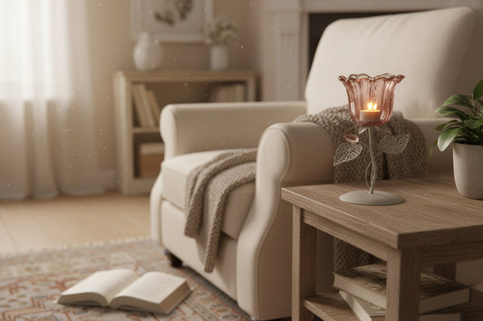 Romantischer Teelichthalter "Purple Blossom" – Kelchglas auf Silber-Finish (21 cm)