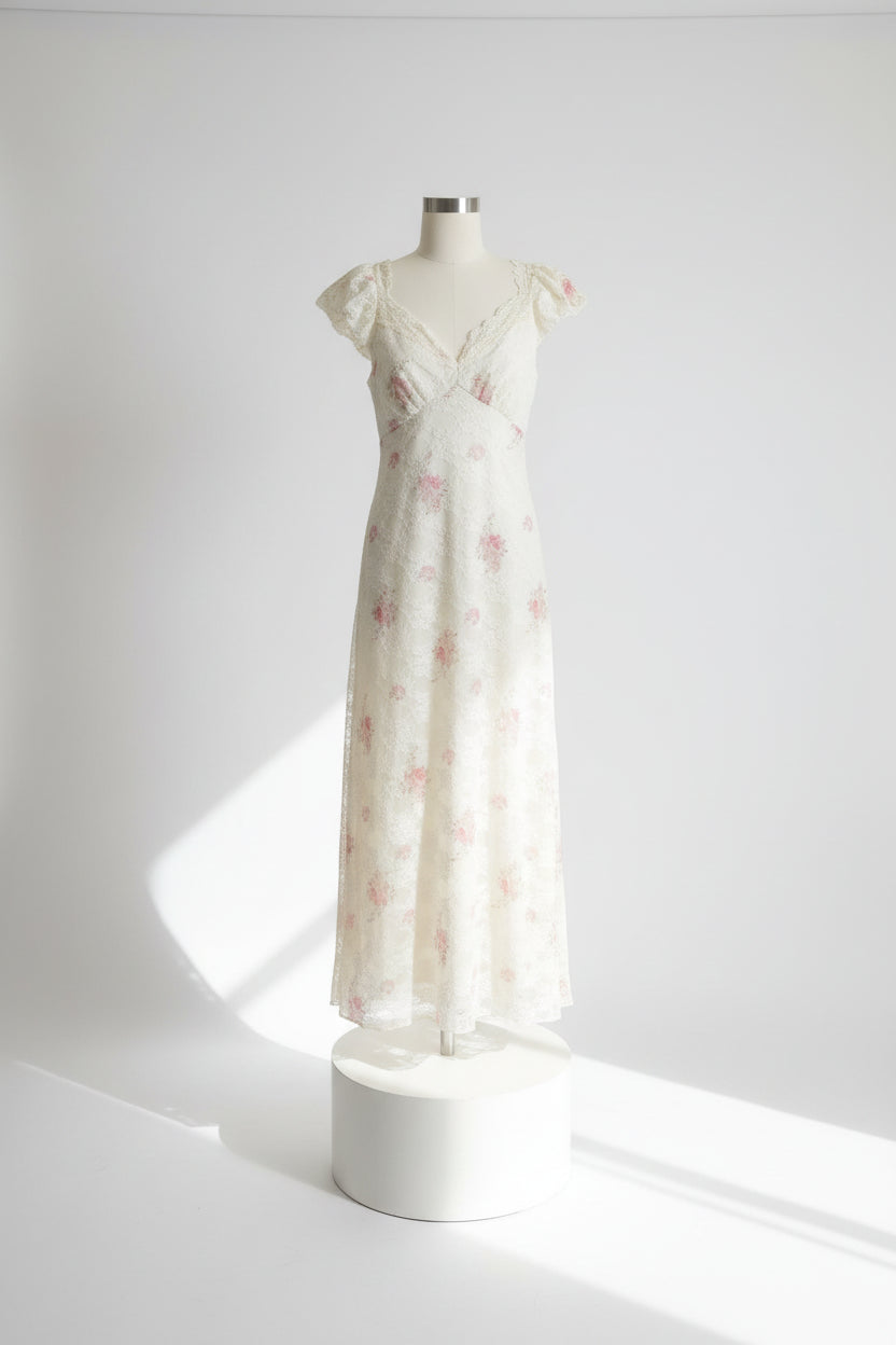– Romantisches Spitzenkleid mit floralem Print & Rückenschnürung – Gr. 38