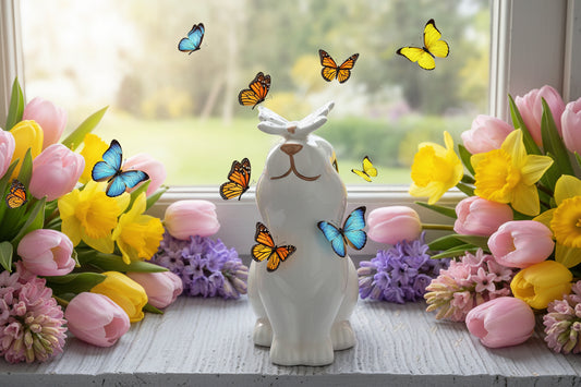 Eleganter weißer Porzellan-Hase mit Goldakzenten & Schmetterling – 23 cm